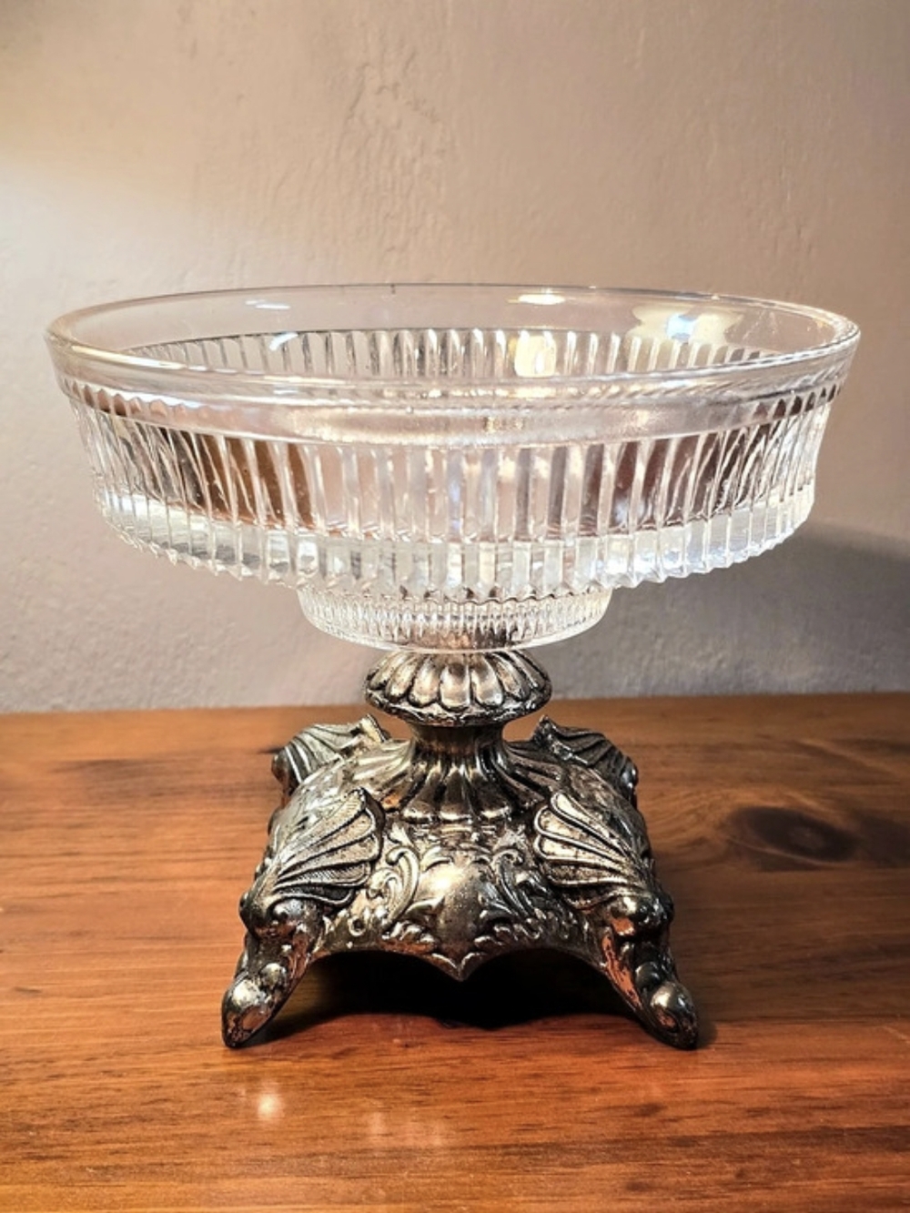 Vintage Holiday Imports Ornate Silverplate Pedestal Ribbed Glass Candy Compote